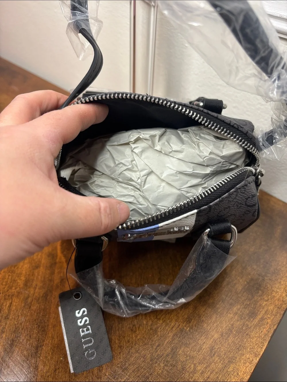 Guess Black Mini Satchel with Blue and White Center Stripe and crossbody strap - Picture 10 of 16